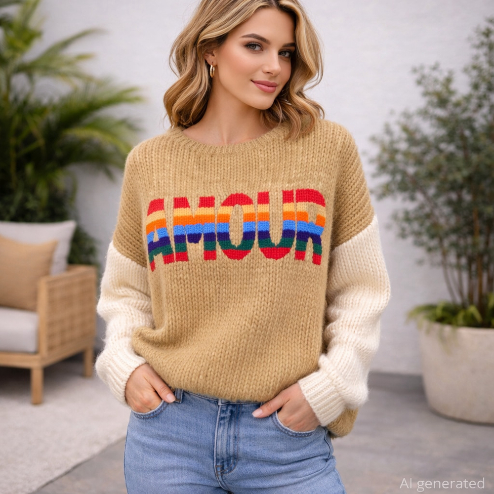 Davi & Dani Amour Chunky Knit Sweater Rainbow Embroidered Pride Love Small NWT
